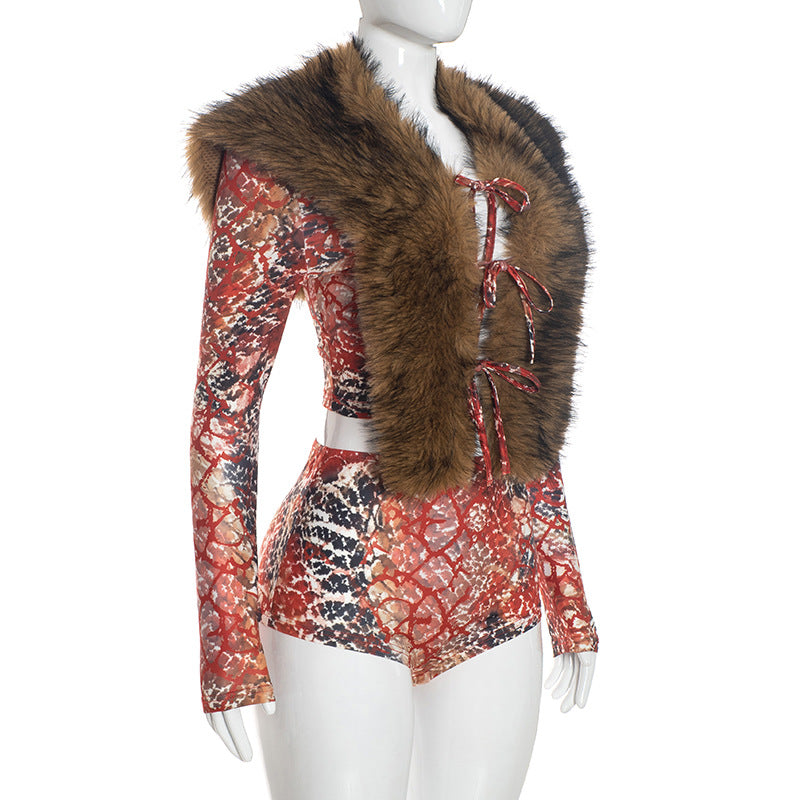 Women’s Printed Top and Shorts Set with Fur Vest