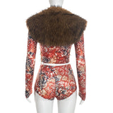 Women’s Printed Top and Shorts Set with Fur Vest
