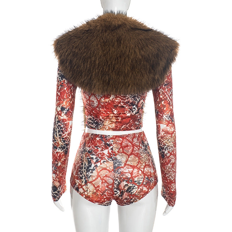 Women’s Printed Top and Shorts Set with Fur Vest