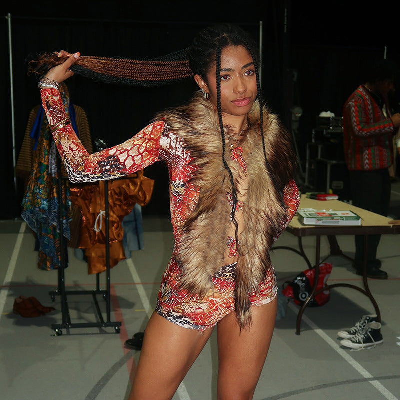 Women’s Printed Top and Shorts Set with Fur Vest
