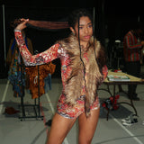 Women’s Printed Top and Shorts Set with Fur Vest