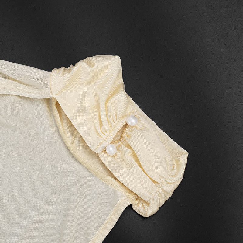 Women’s Cream One-Shoulder Romper with Draped Sleeve