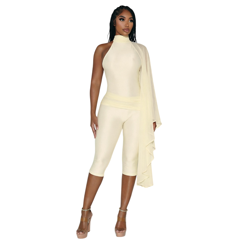 Women’s Cream One-Shoulder Romper with Draped Sleeve