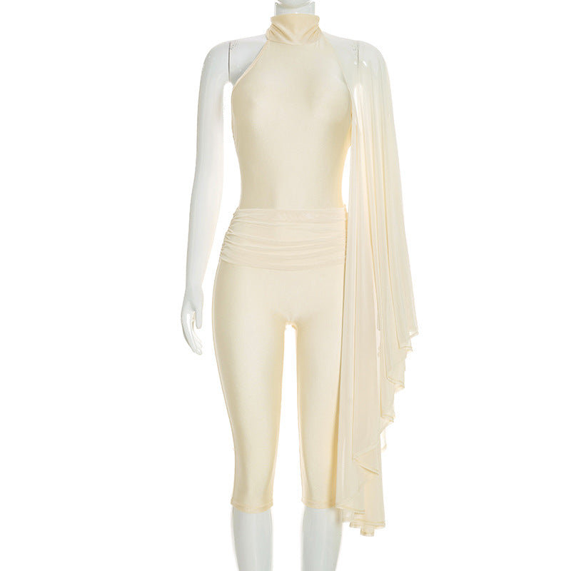 Women’s Cream One-Shoulder Romper with Draped Sleeve