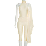 Women’s Cream One-Shoulder Romper with Draped Sleeve