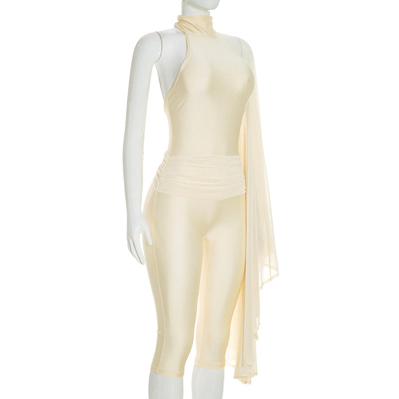 Women’s Cream One-Shoulder Romper with Draped Sleeve