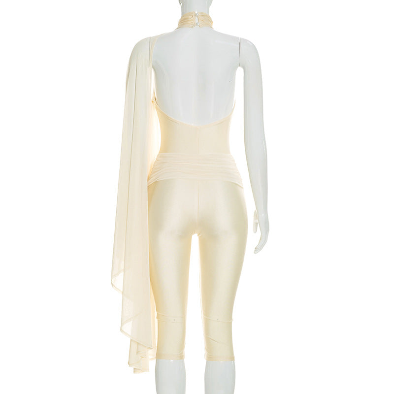 Women’s Cream One-Shoulder Romper with Draped Sleeve