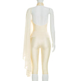 Women’s Cream One-Shoulder Romper with Draped Sleeve