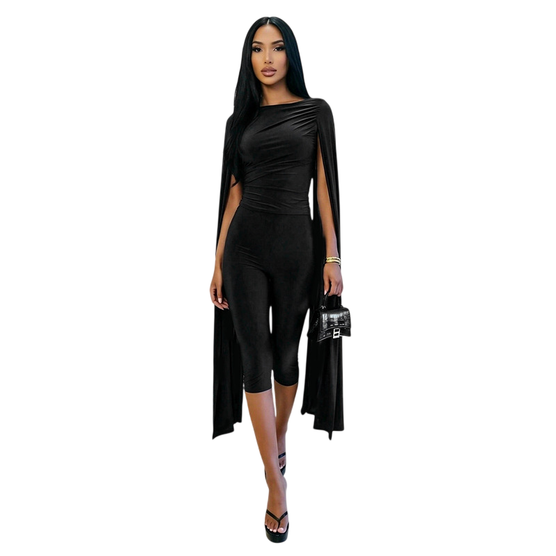 Women’s Black Ruched Top and Capri Pants Set
