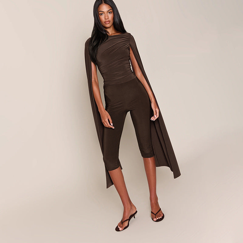 Women’s Black Ruched Top and Capri Pants Set