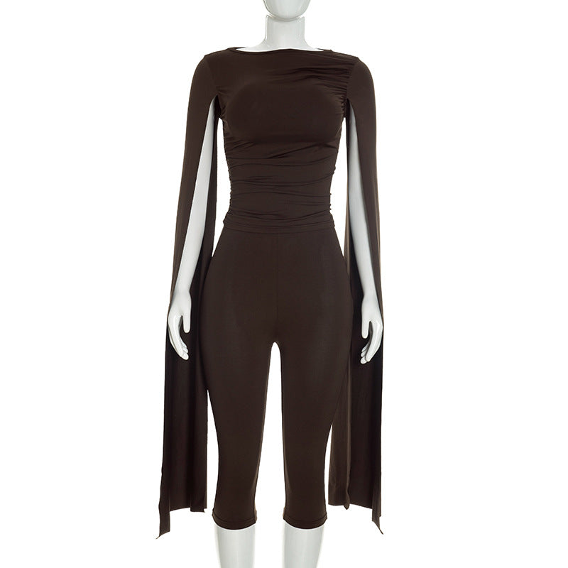 Women’s Black Ruched Top and Capri Pants Set