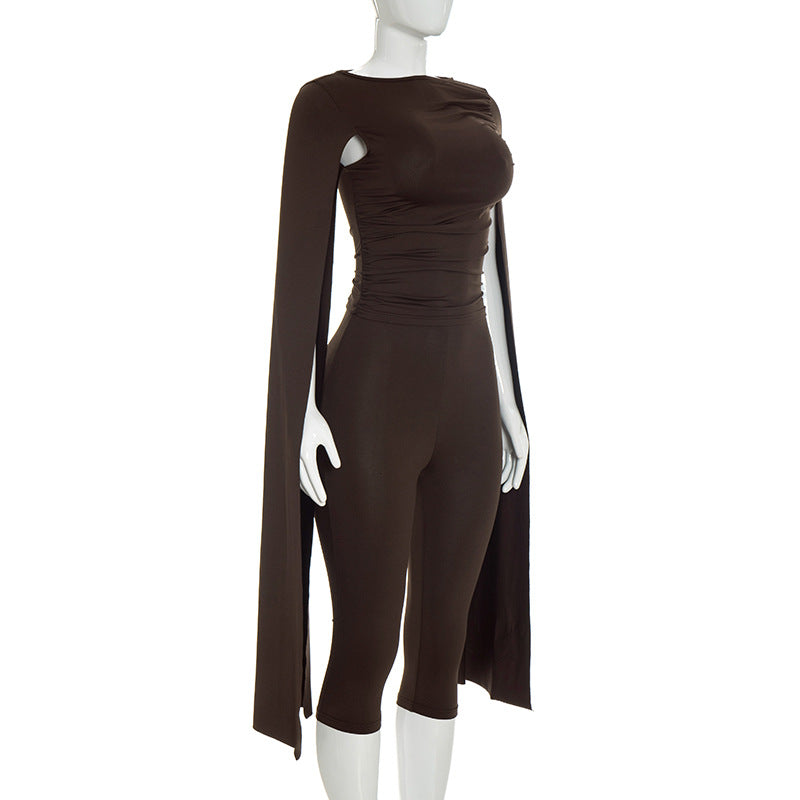Women’s Black Ruched Top and Capri Pants Set