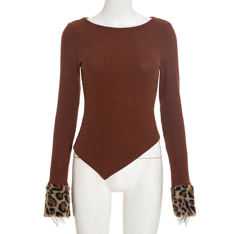 Women’s Brown Ribbed Long Sleeve Top