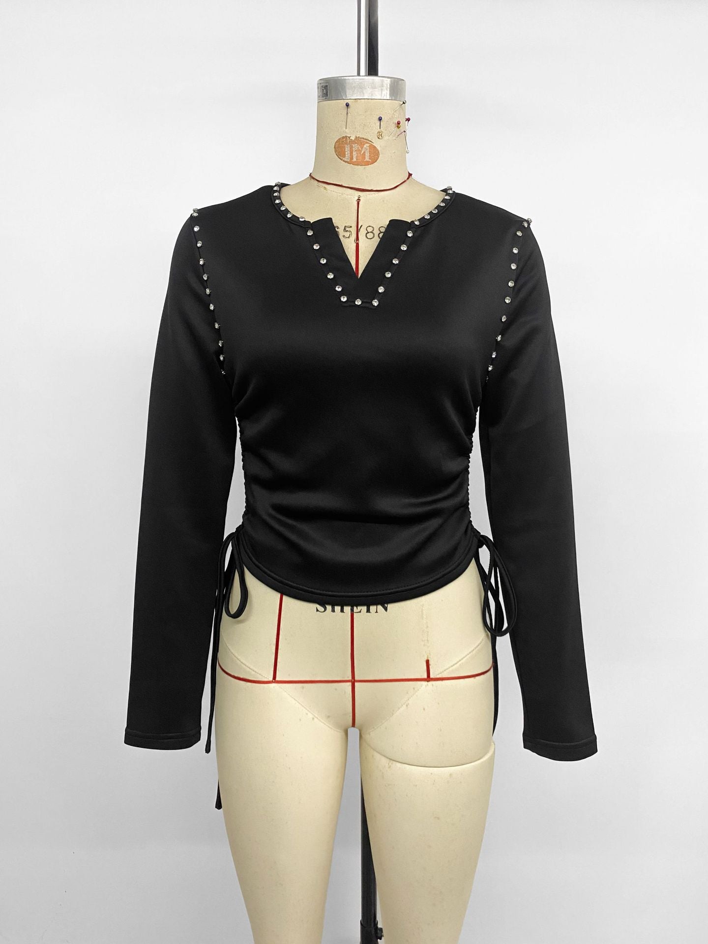 Women’s Black Long Sleeve Ruched Tie-Side Top