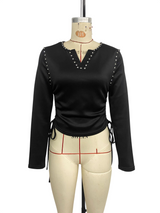 Women’s Black Long Sleeve Ruched Tie-Side Top