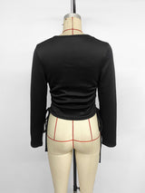 Women’s Black Long Sleeve Ruched Tie-Side Top
