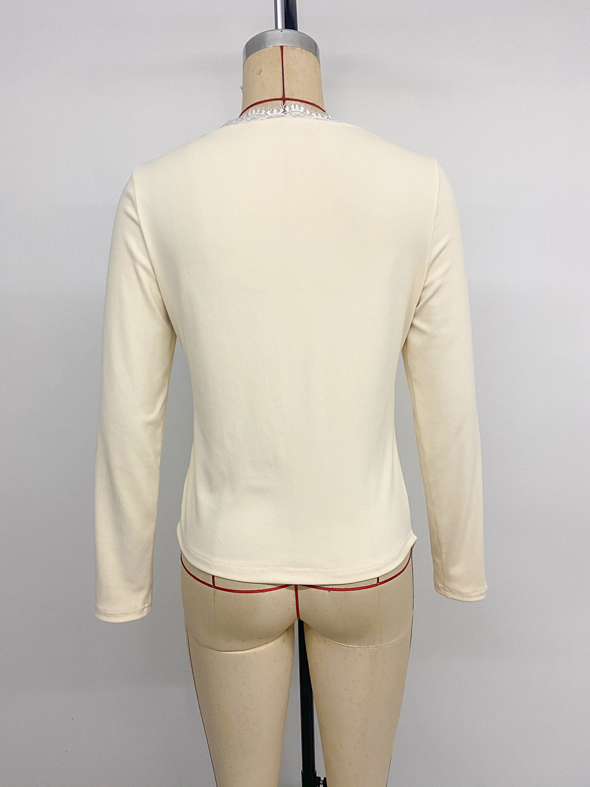 Women’s Cream Lace Trim Wrap Front Long Sleeve Top