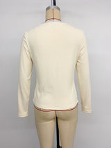 Women’s Cream Lace Trim Wrap Front Long Sleeve Top