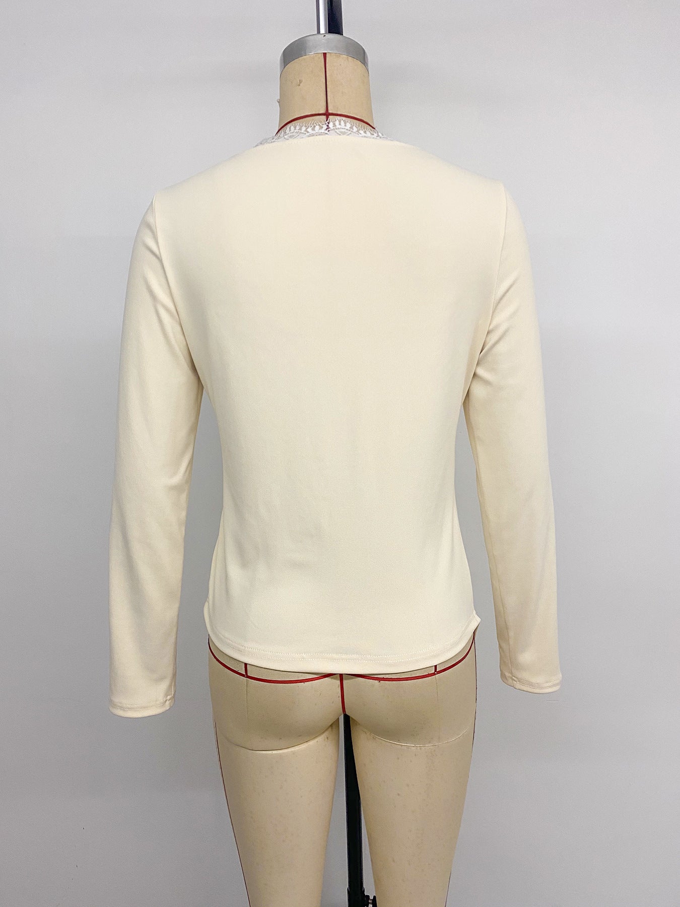 Women’s Cream Lace Trim Wrap Front Long Sleeve Top