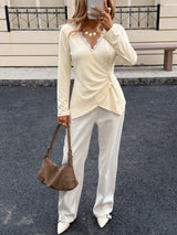 Women’s Cream Lace Trim Wrap Front Long Sleeve Top