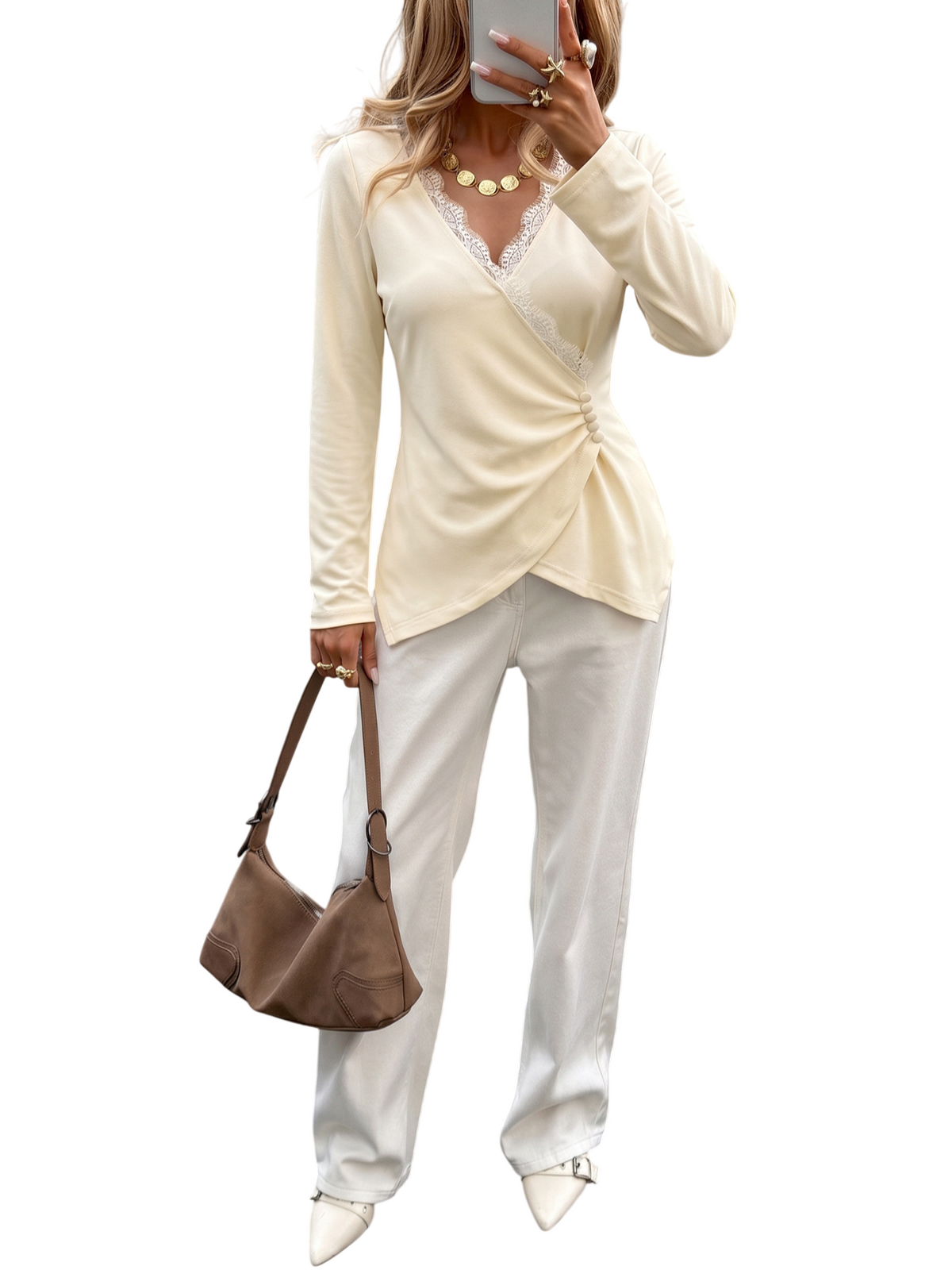 Women’s Cream Lace Trim Wrap Front Long Sleeve Top