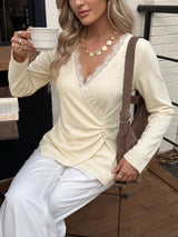 Women’s Cream Lace Trim Wrap Front Long Sleeve Top