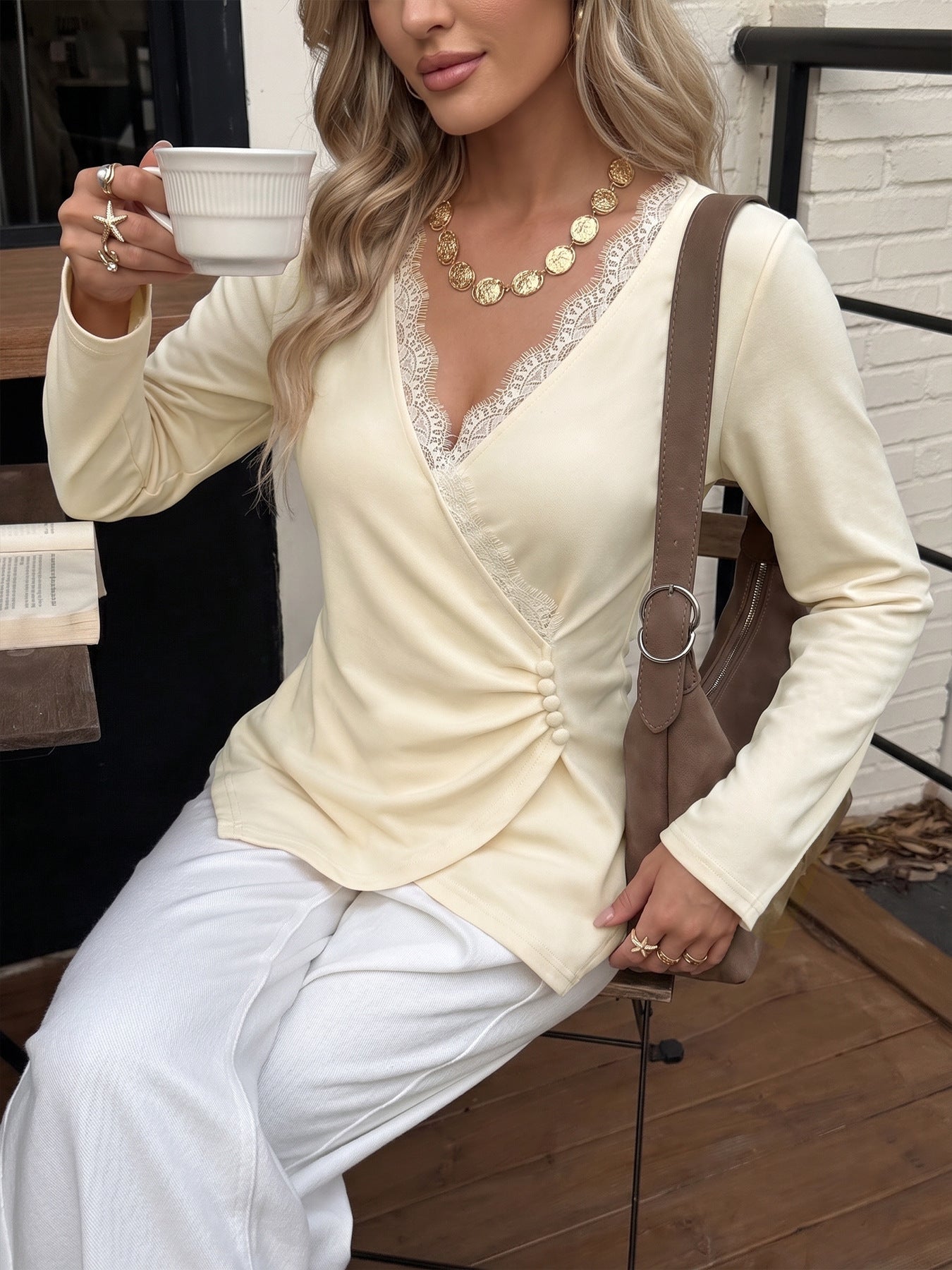 Women’s Cream Lace Trim Wrap Front Long Sleeve Top