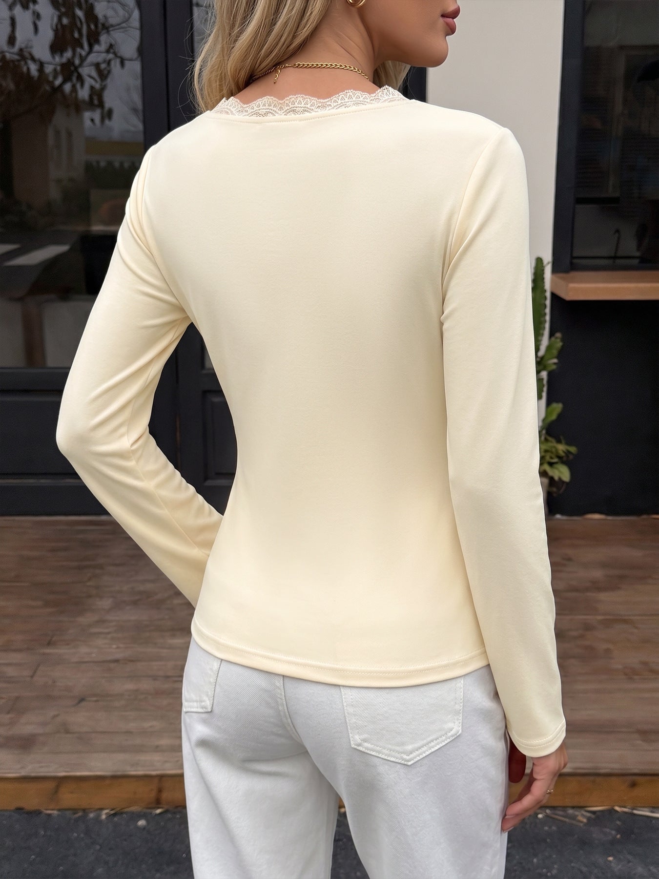 Women’s Cream Lace Trim Wrap Front Long Sleeve Top