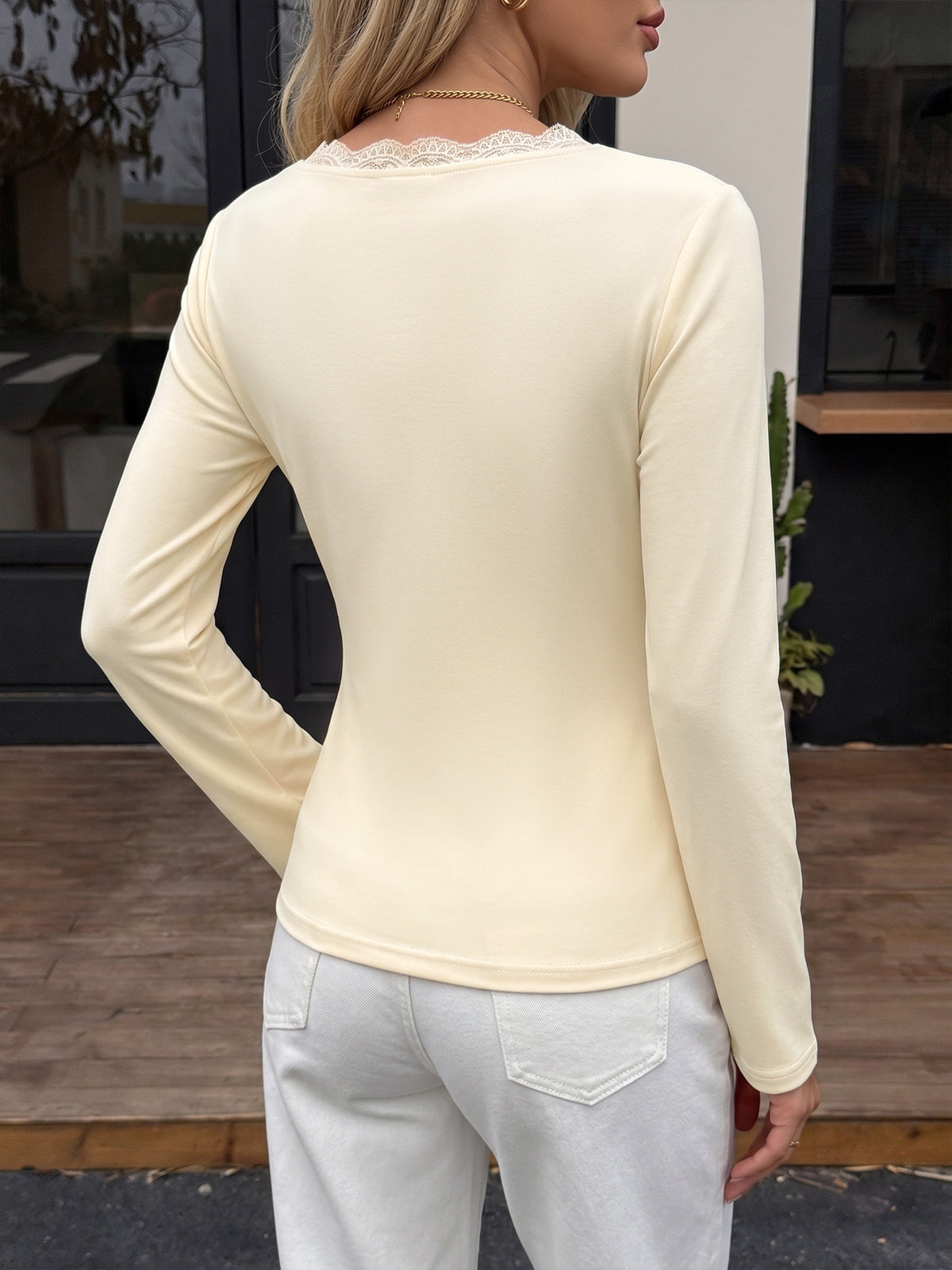Women’s Cream Lace Trim Wrap Front Long Sleeve Top