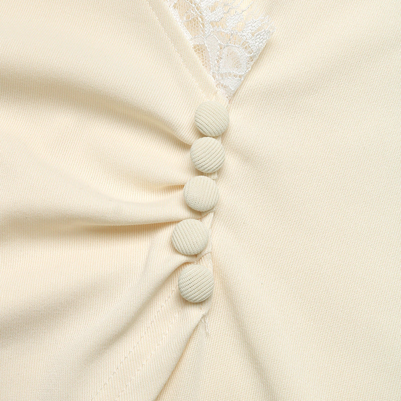 Women’s Cream Lace Trim Wrap Front Long Sleeve Top