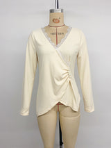 Women’s Cream Lace Trim Wrap Front Long Sleeve Top
