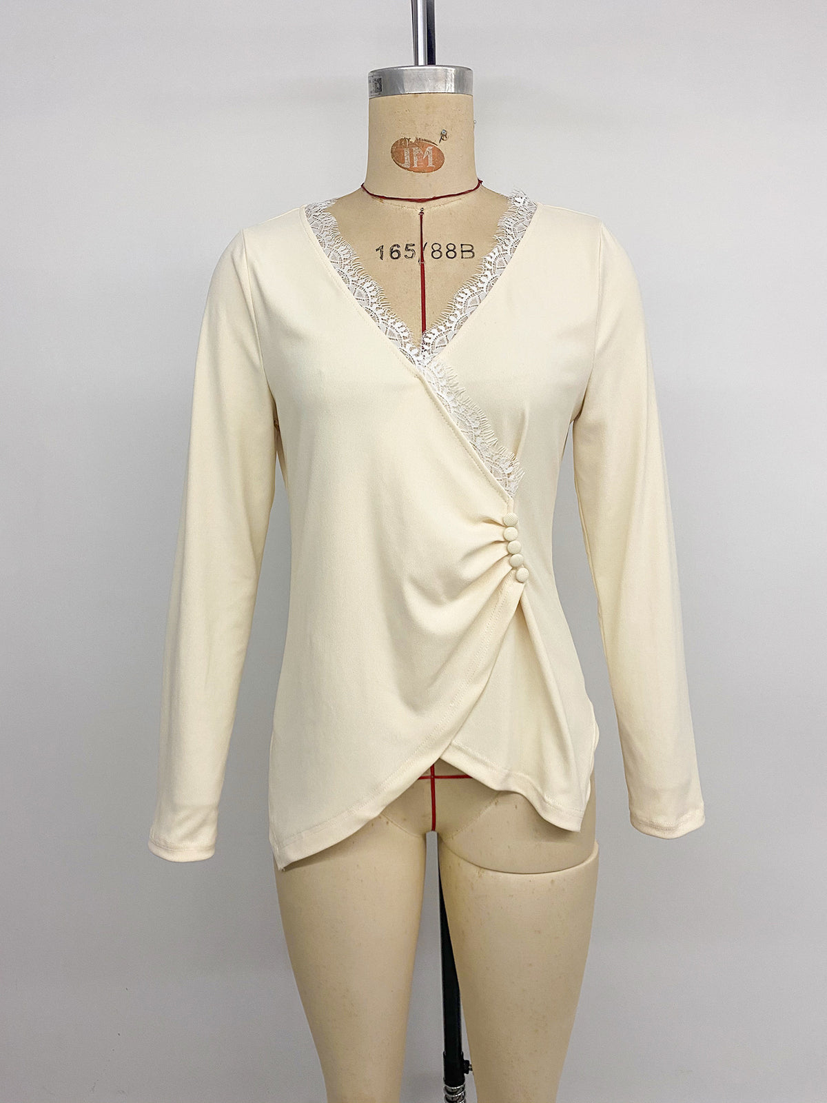 Women’s Cream Lace Trim Wrap Front Long Sleeve Top