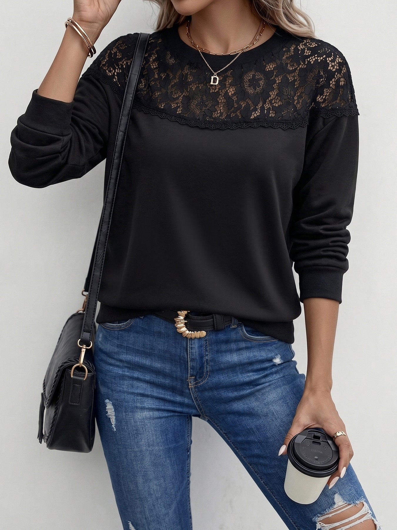 Women’s Black Lace Detail Long Sleeve Top