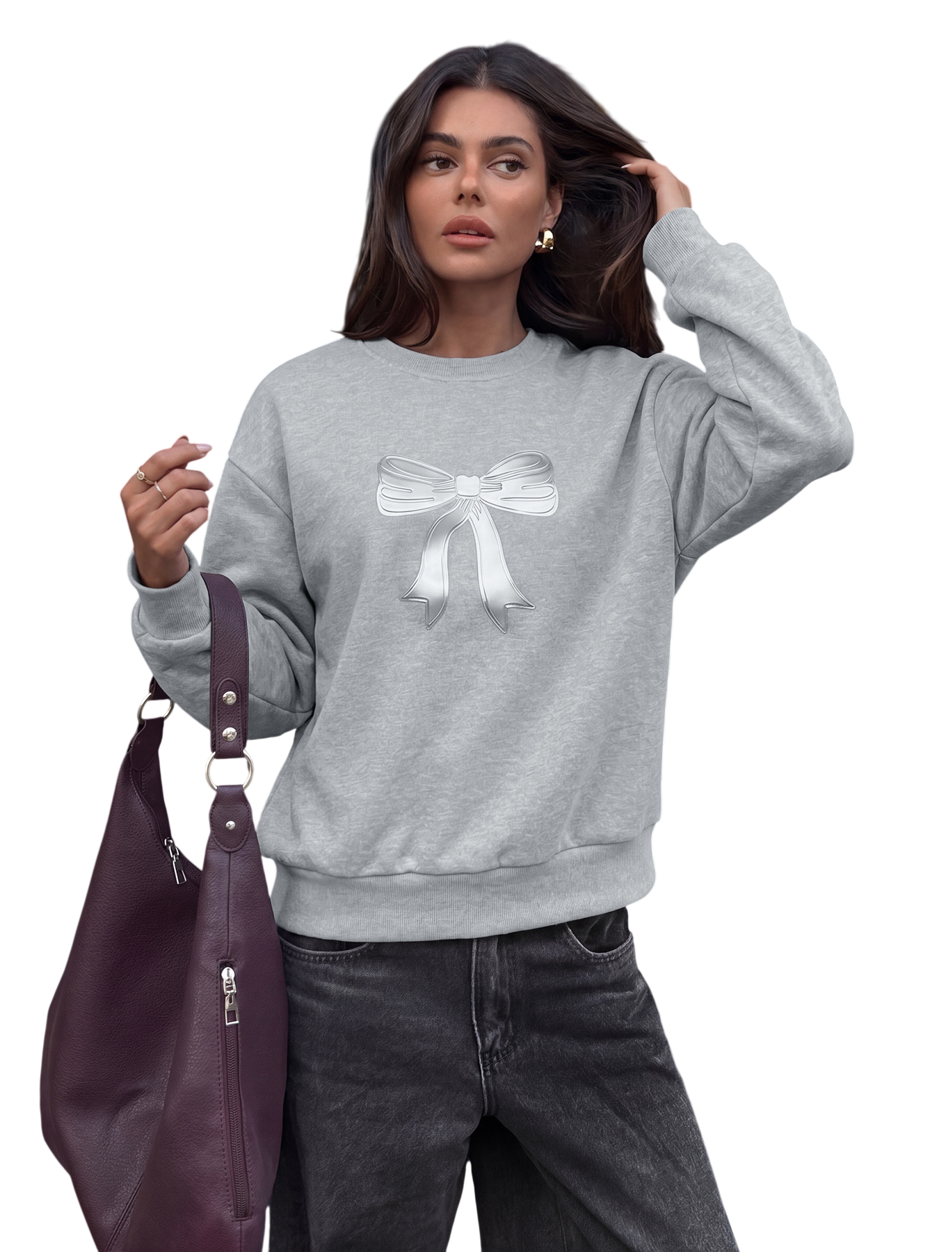 Women’s Gray Bow Print Long Sleeve Top