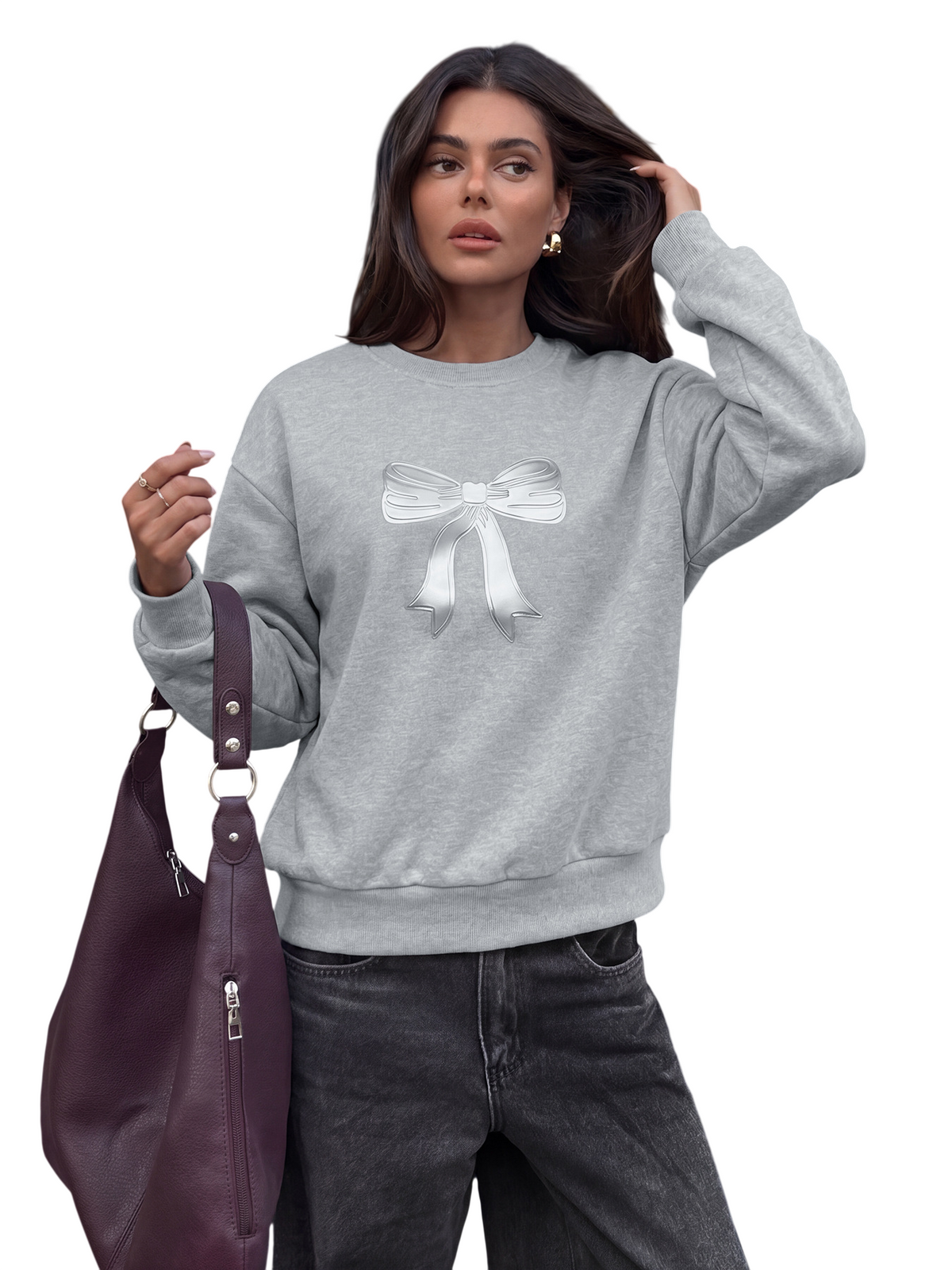 Women’s Gray Bow Print Long Sleeve Top