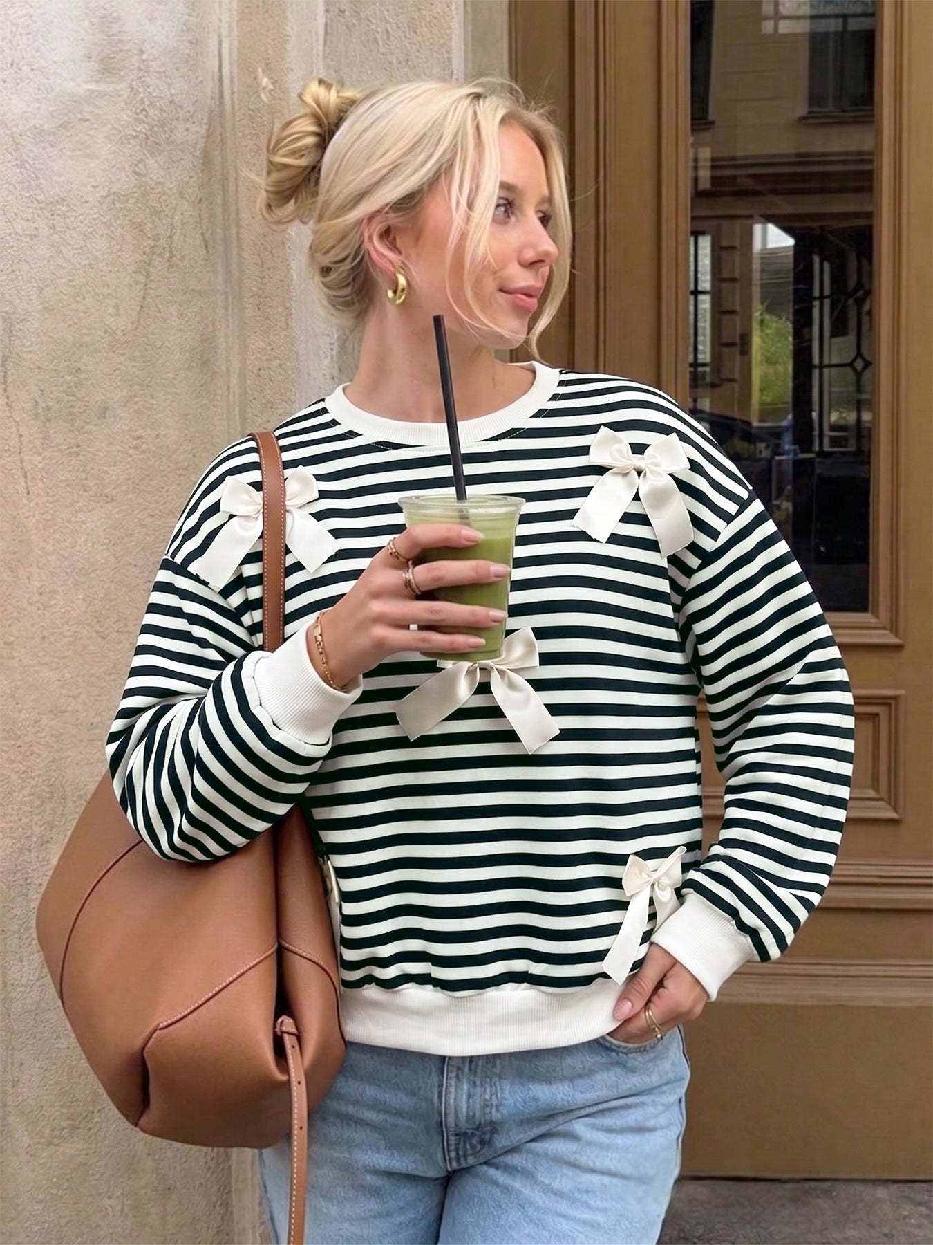 Women’s Black Striped Bow Detail Top