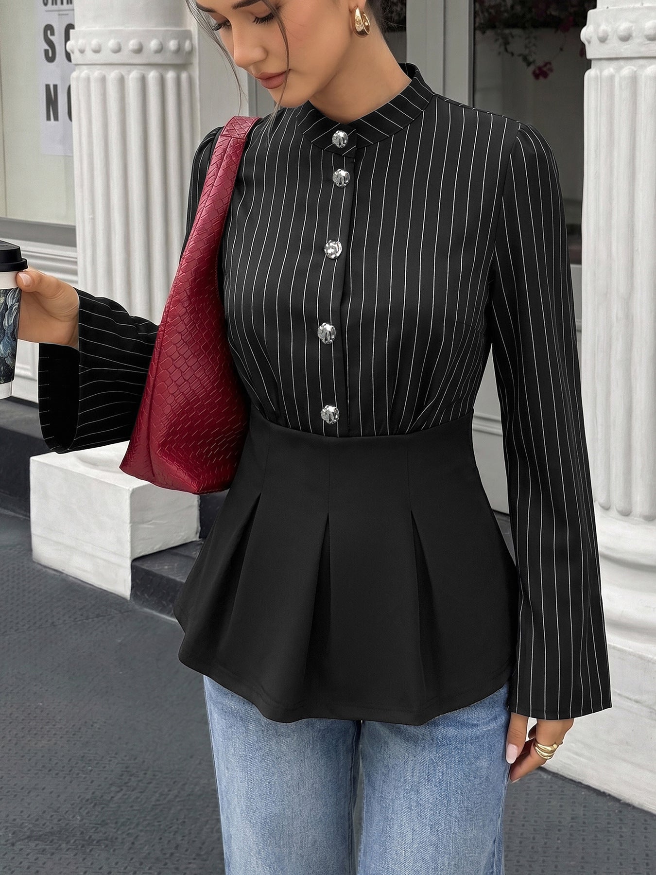 Women’s Striped Button Front Peplum Top