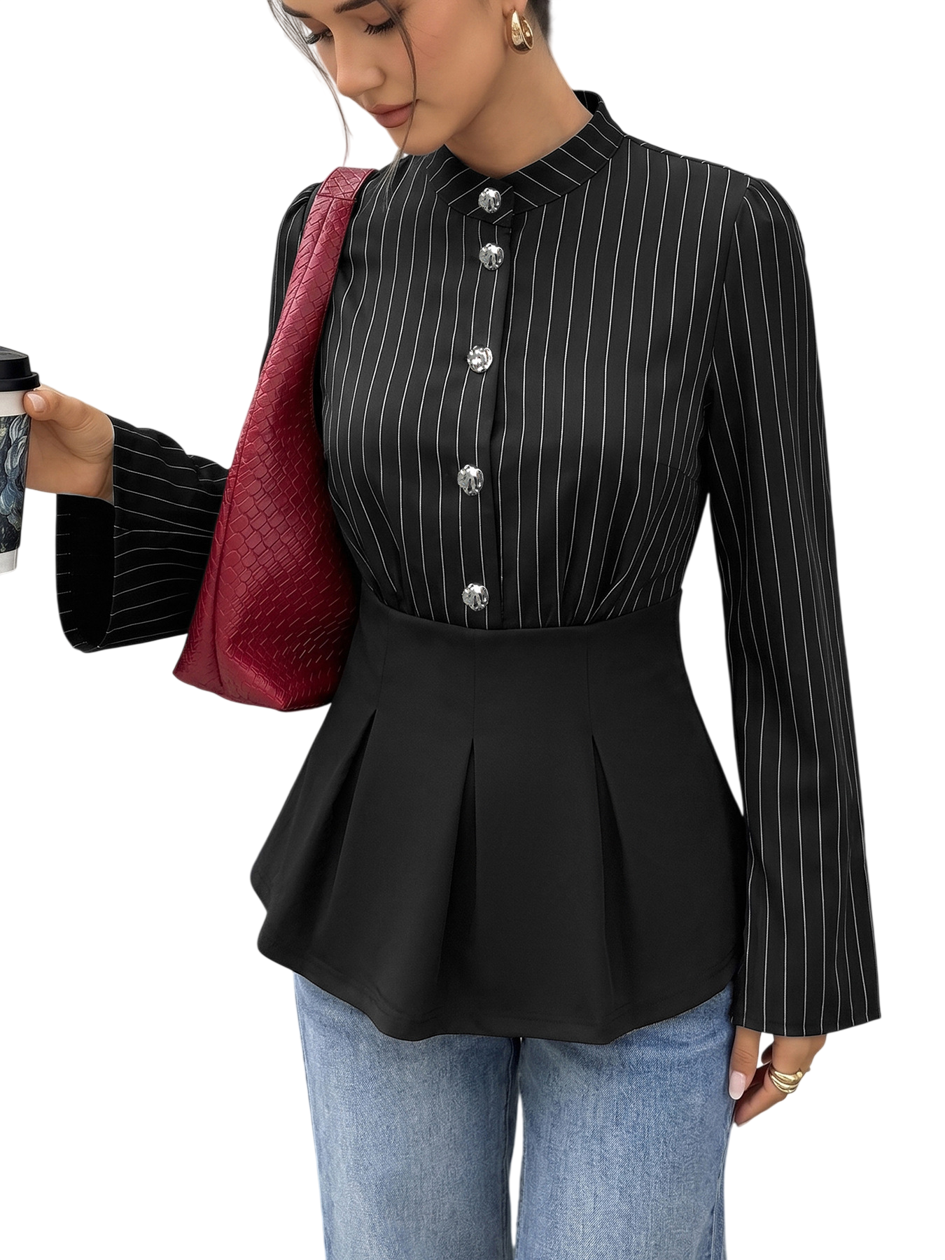 Women’s Striped Button Front Peplum Top