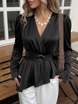 Women’s Black Wrap Peplum Top with Belt