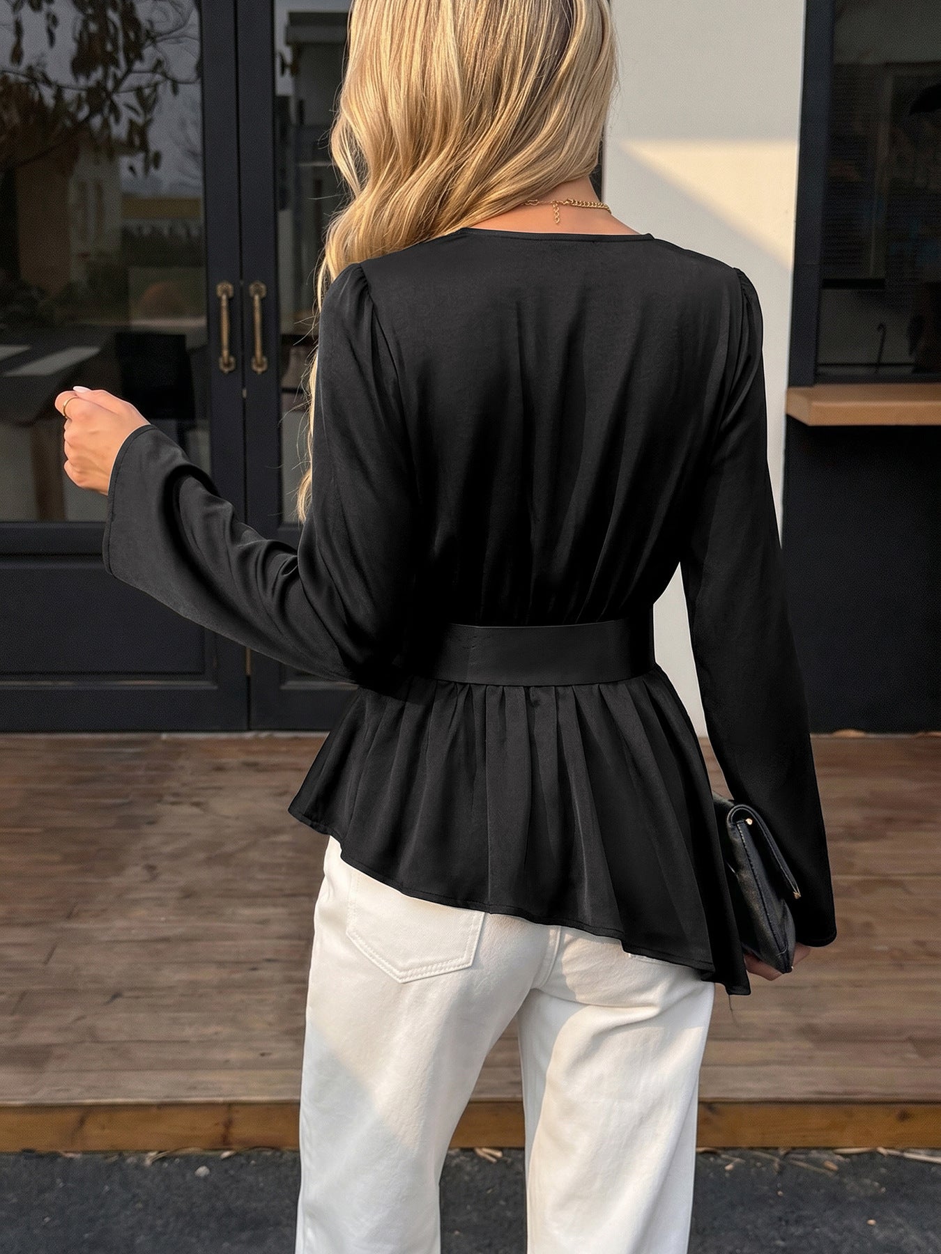 Women’s Black Wrap Peplum Top with Belt