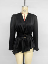Women’s Black Wrap Peplum Top with Belt
