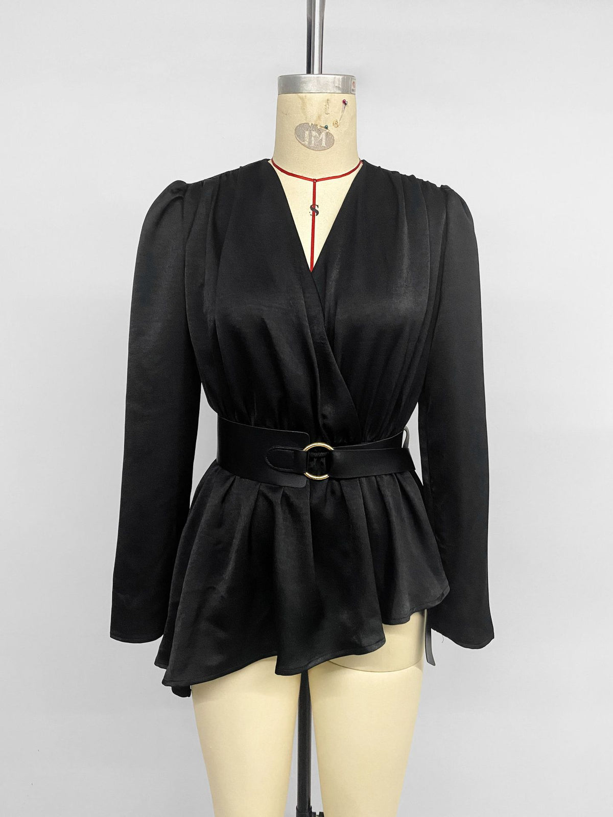 Women’s Black Wrap Peplum Top with Belt