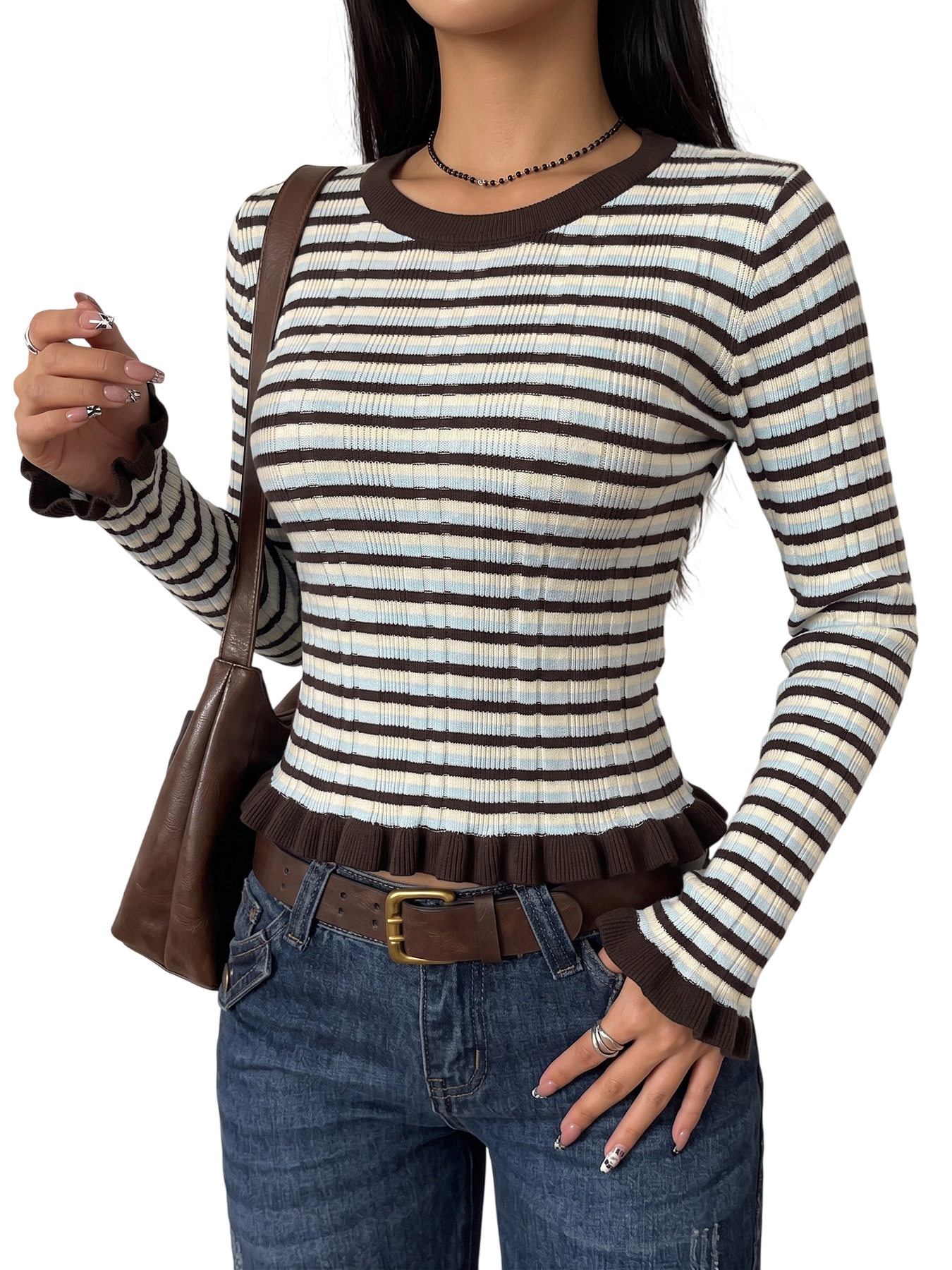 Women’s Striped Ribbed Knit Ruffle Hem Top