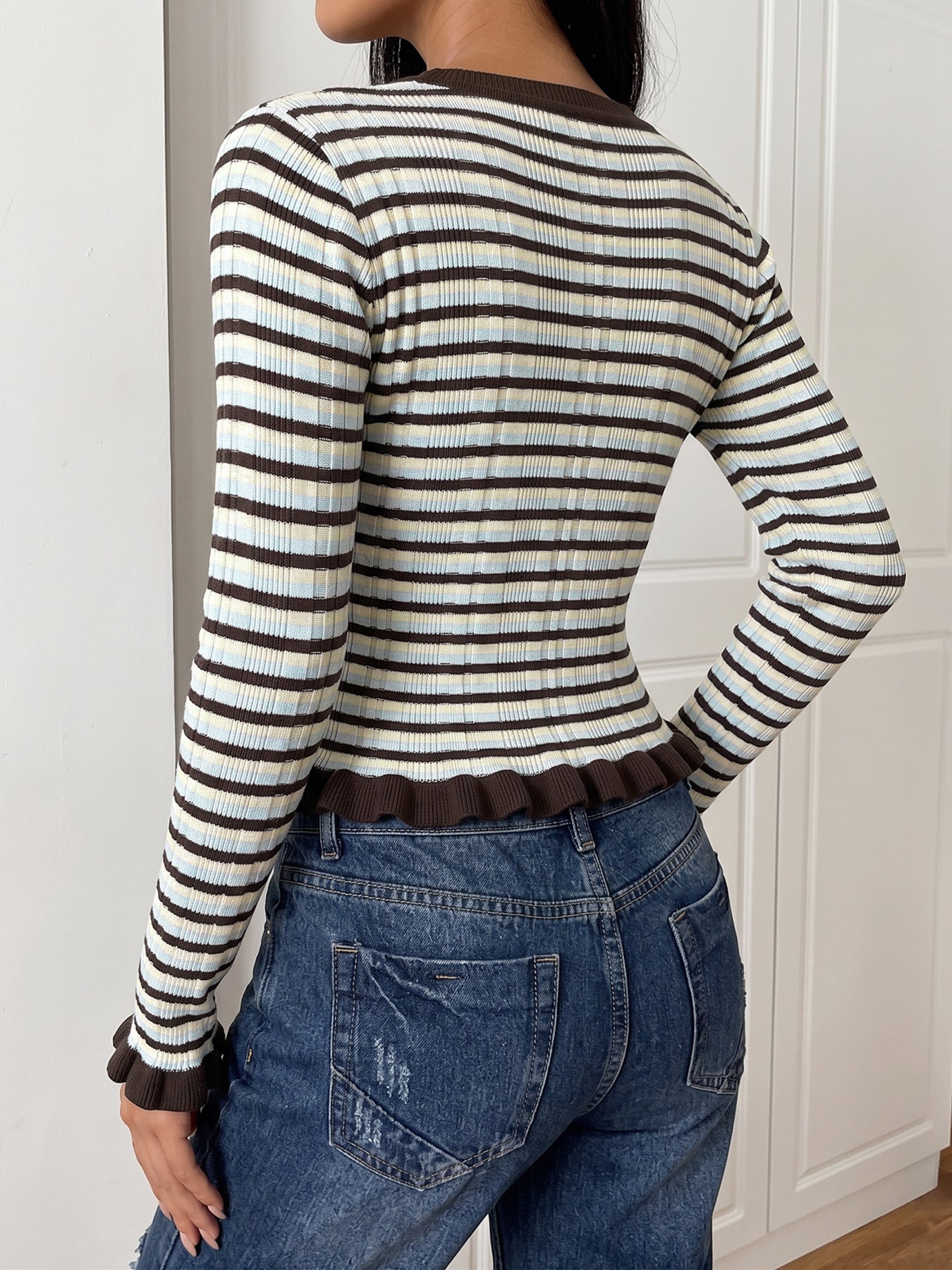 Women’s Striped Ribbed Knit Ruffle Hem Top
