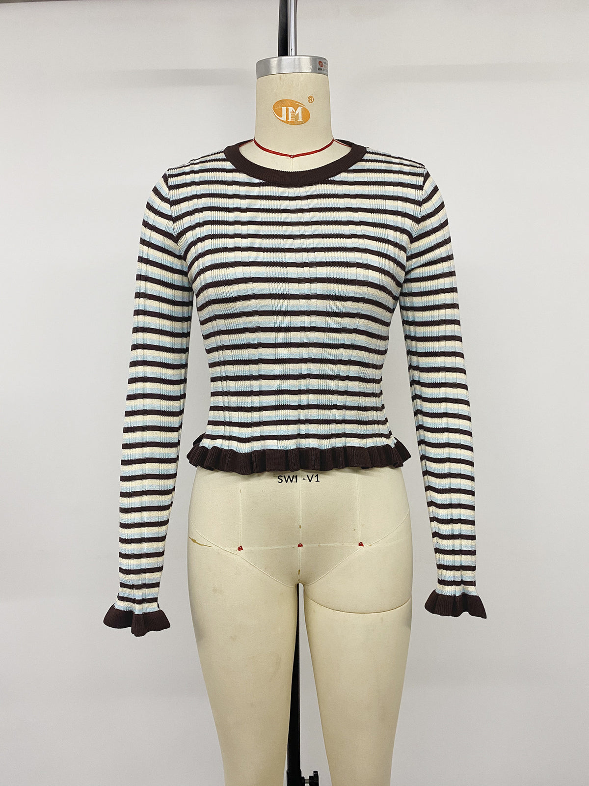 Women’s Striped Ribbed Knit Ruffle Hem Top