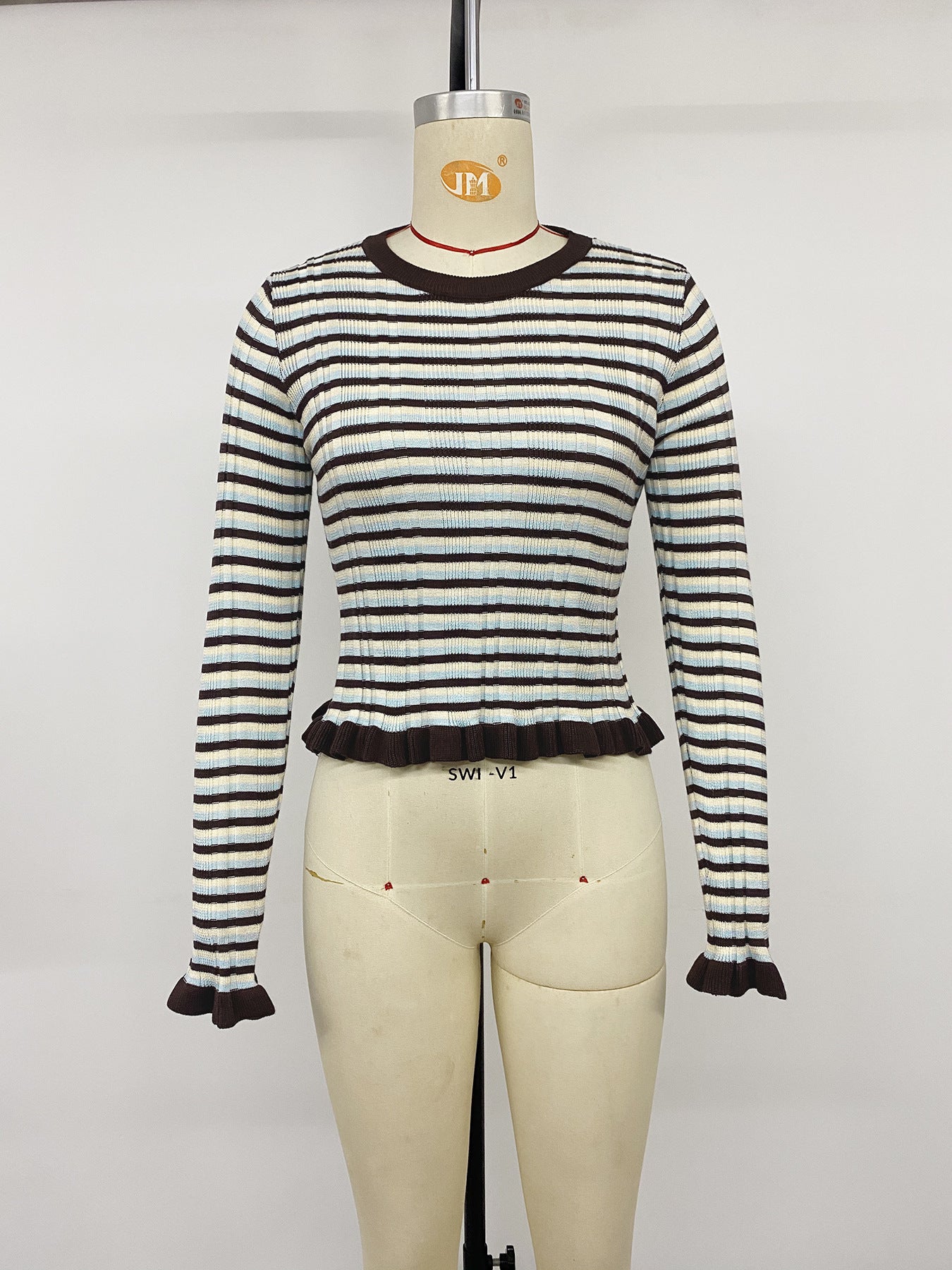 Women’s Striped Ribbed Knit Ruffle Hem Top