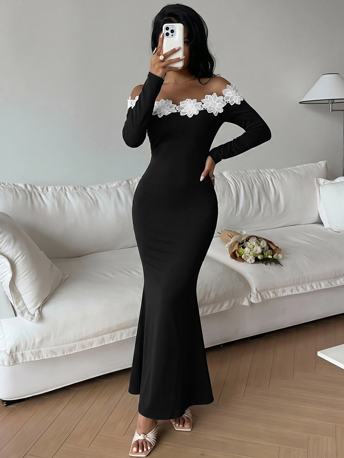 Women’s Off Shoulder Lace Trim Maxi Dress