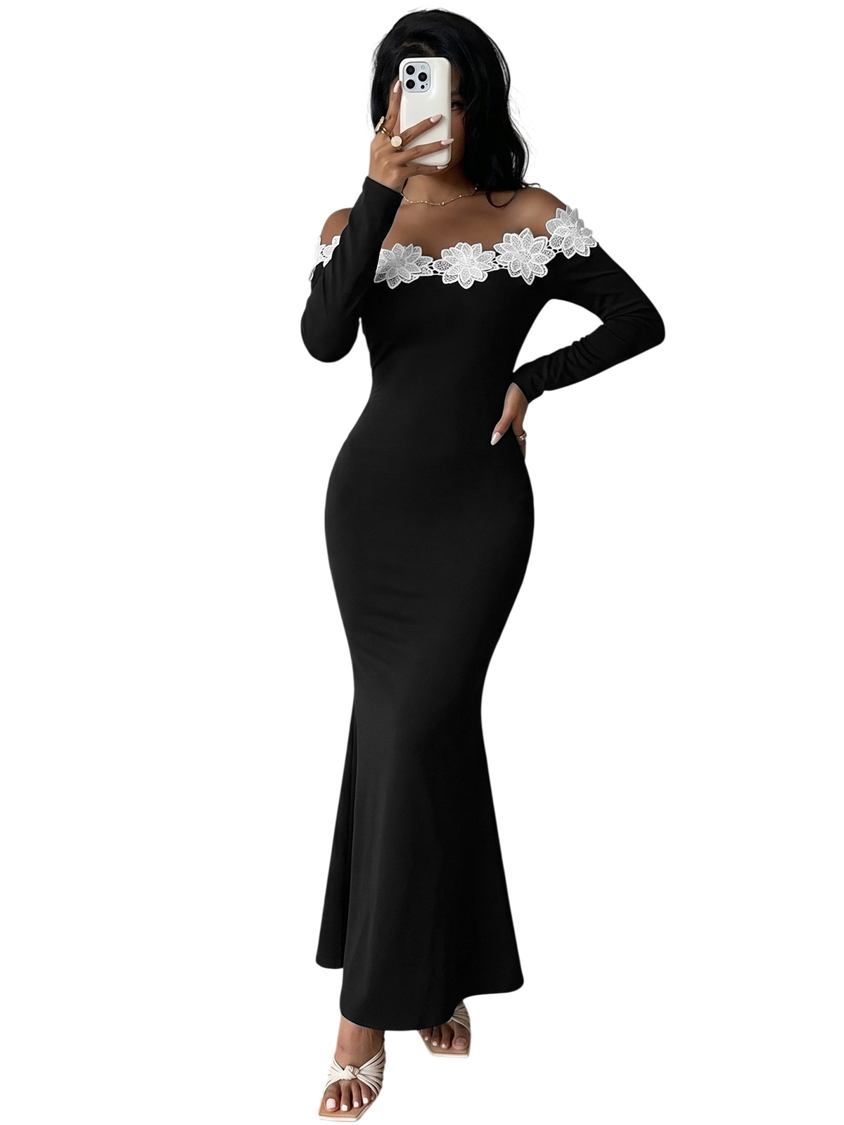Women’s Off Shoulder Lace Trim Maxi Dress
