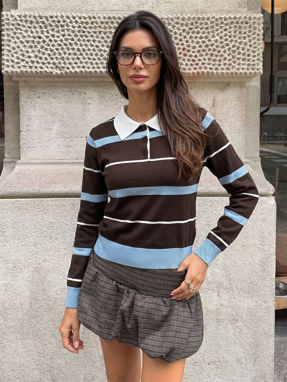 Women’s Striped Collared Long Sleeve Top
