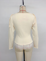 Women’s Draped Neck Lace Hem Long Sleeve Top